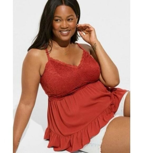 Torrid Babydoll Crinkle Gauze And Lace Tank Top - Picture 3 of 16